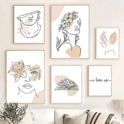 Wall Art Canvas Painting Line Girl Face Flowers Modern Minimalist Nordic Posters and Prints Wall Pictures for Living Room Decor