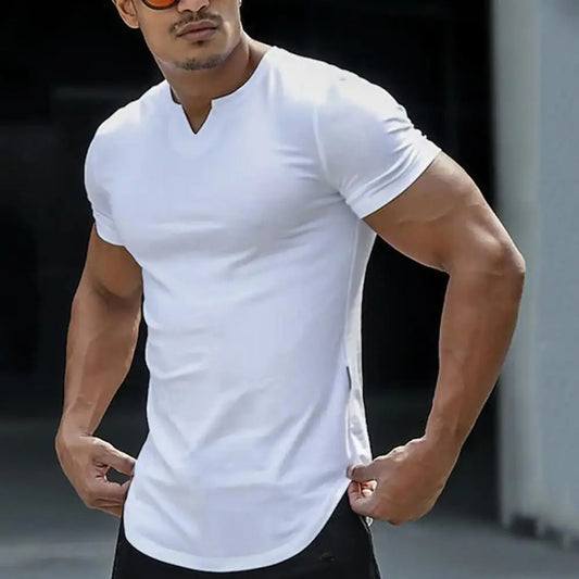 Long Type Slim Fit Men T-shirt V-Neck Short Sleeve Arc Hem T-shirt Summer Solid Color Tee Shirt Casual T-shirts Sports Tees