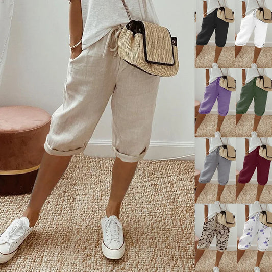 Shorts Women summer cotton linen elastic waist pocket elastic casual pants five quarter women's clothing YRW911