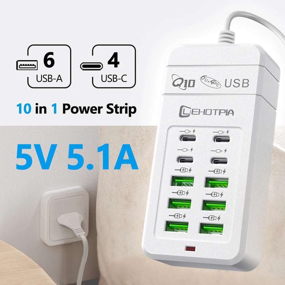 EU UK US Plug Multiple Rapide USB Charger Power Adapter 1.2m Extension Cord 6 USB-A 4 USB-C Portable For Mobile Phone USB Socket
