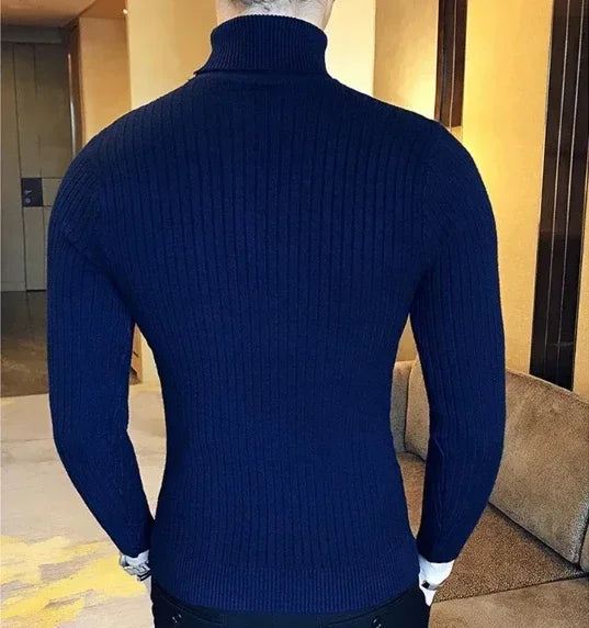 Men's High Neck Sweater Solid Color Pullover Knitted Warm Casual Turtleneck   Men Clothes