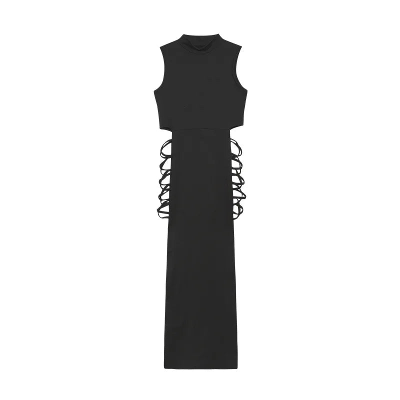Women Sleeveless Turtleneck Bandage Tank Slit Dress Summer Fashion Sexy Slim Straps Dresses Long Hollow Out Irregular Vestidos