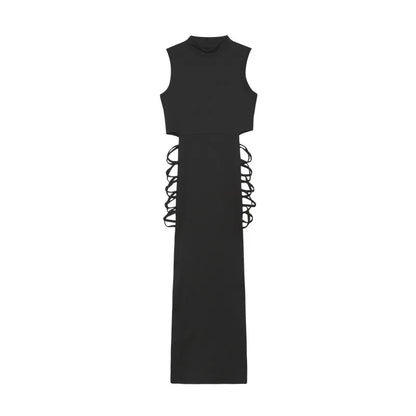 Women Sleeveless Turtleneck Bandage Tank Slit Dress Summer Fashion Sexy Slim Straps Dresses Long Hollow Out Irregular Vestidos