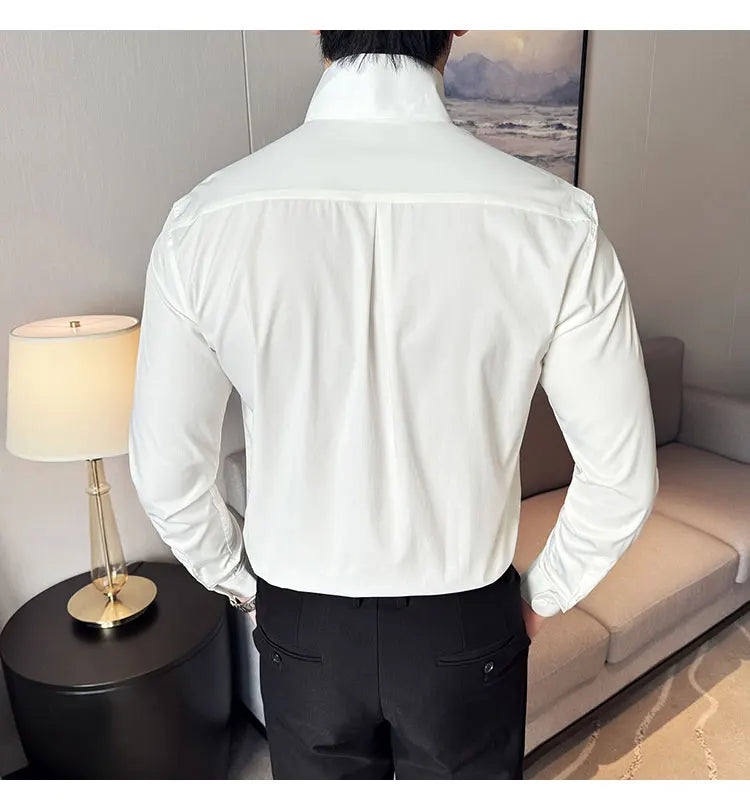 Mens Slim Fit Stand Shirt Fashion High collar Shirts Men Spring Autumn Solid Color Long Sleeve Korean Style Smart Casual Shirts
