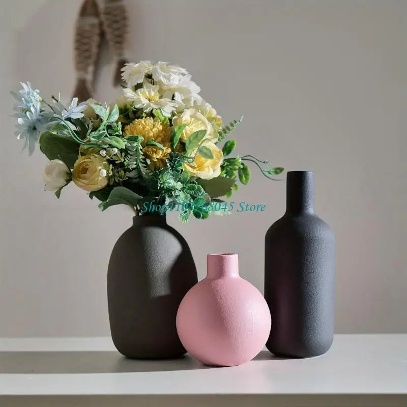 R53F 3Pcs Ceramics Vases for Florals Decoration Contemporary Geometrics Living Room Centerpieces