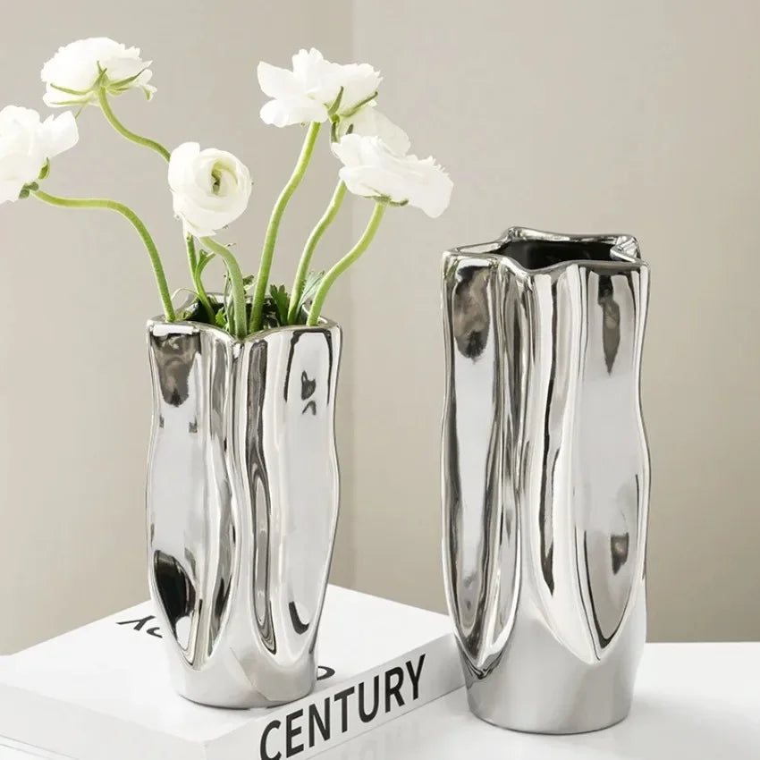 Ceramic Vase Luxury Electroplated Silver Flower Arrangement Irregular Porcelain Hydroponic Vase Ornament Interior Art Decoration