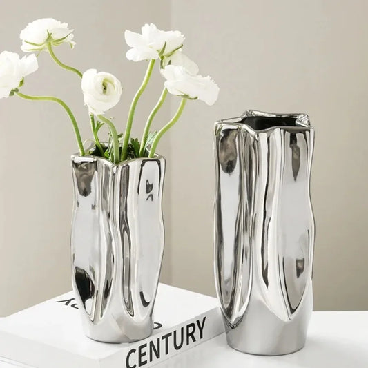 Ceramic Vase Luxury Electroplated Silver Flower Arrangement Irregular Porcelain Hydroponic Vase Ornament Interior Art Decoration