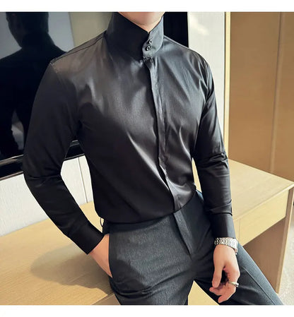 Mens Slim Fit Stand Shirt Fashion High collar Shirts Men Spring Autumn Solid Color Long Sleeve Korean Style Smart Casual Shirts