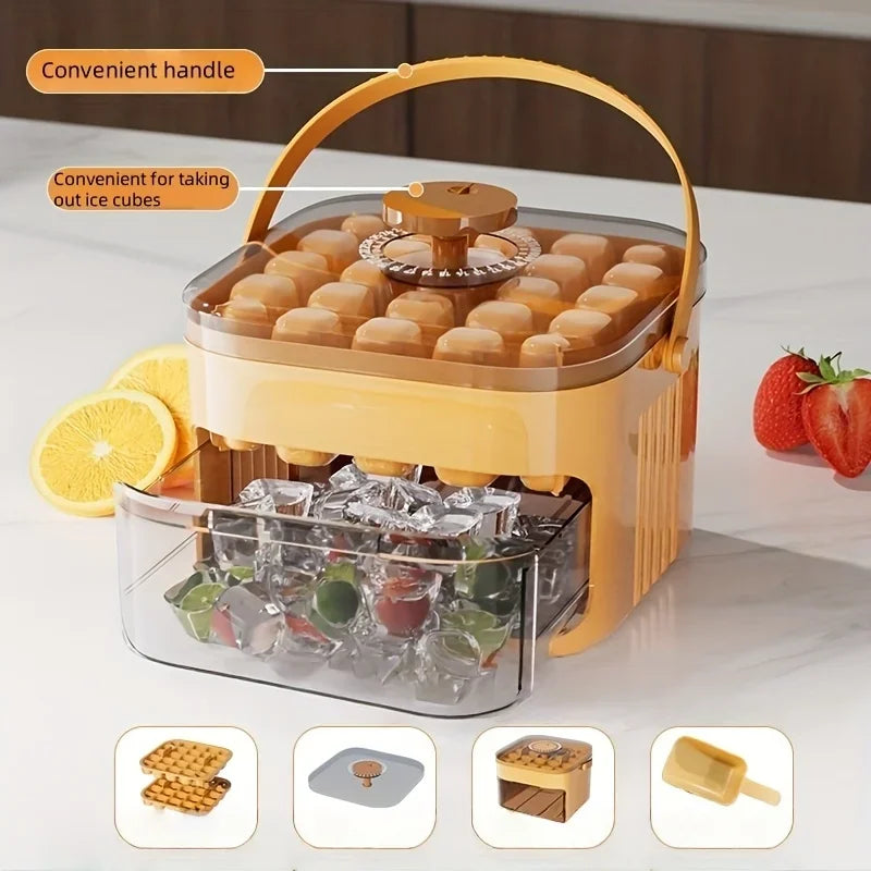 Compact Double Layer Ice Cube Tray with Lid and Bin, Pull-Out Ice Drawer with Portable Handle, Kitchen Accessories, Gadgets