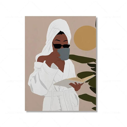 Wall Art Canvas Painting Fashion Black Girl African Woman Reading Posters Coffee Prints Home Wall Picture Living Room Decorat