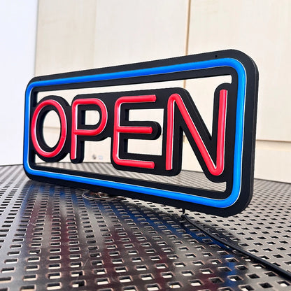 LED neon lights, store business signs, blue flashing lights, OPEN signs for shops and bars