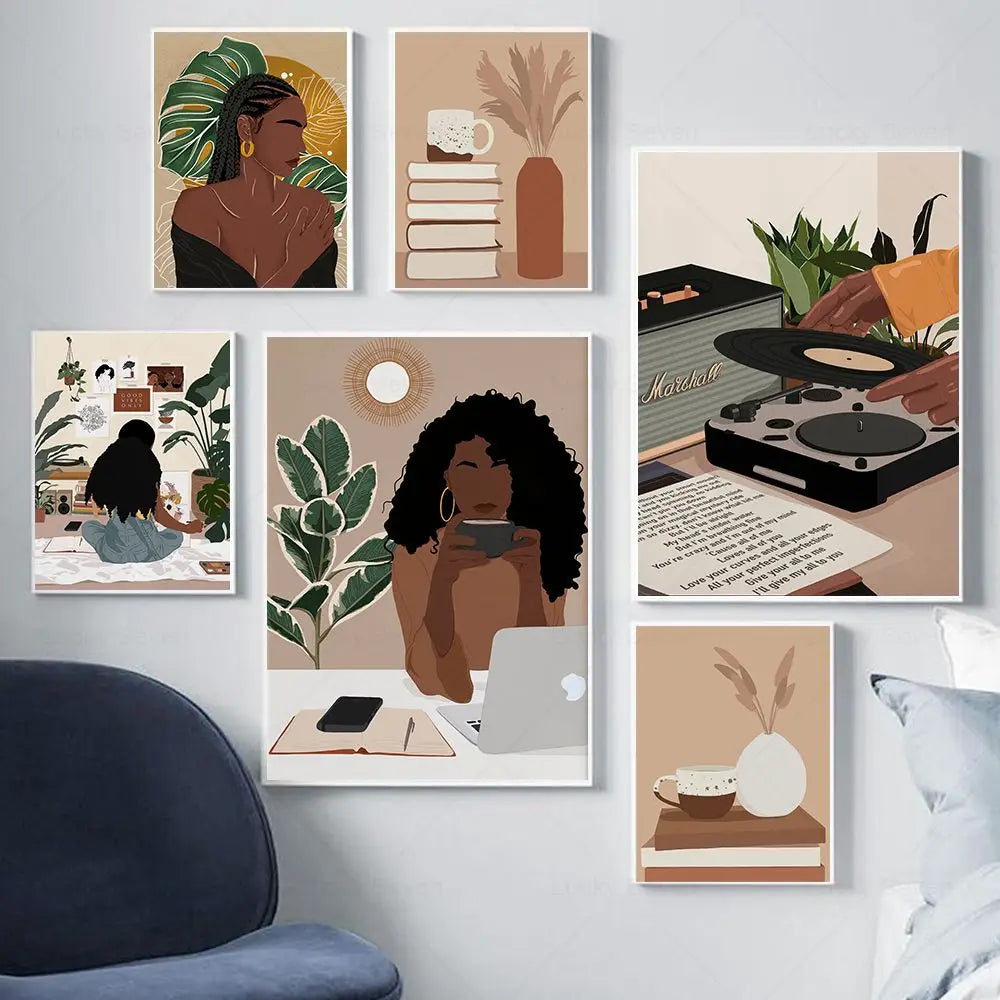 Wall Art Canvas Painting Fashion Black Girl African Woman Reading Posters Coffee Prints Home Wall Picture Living Room Decorat