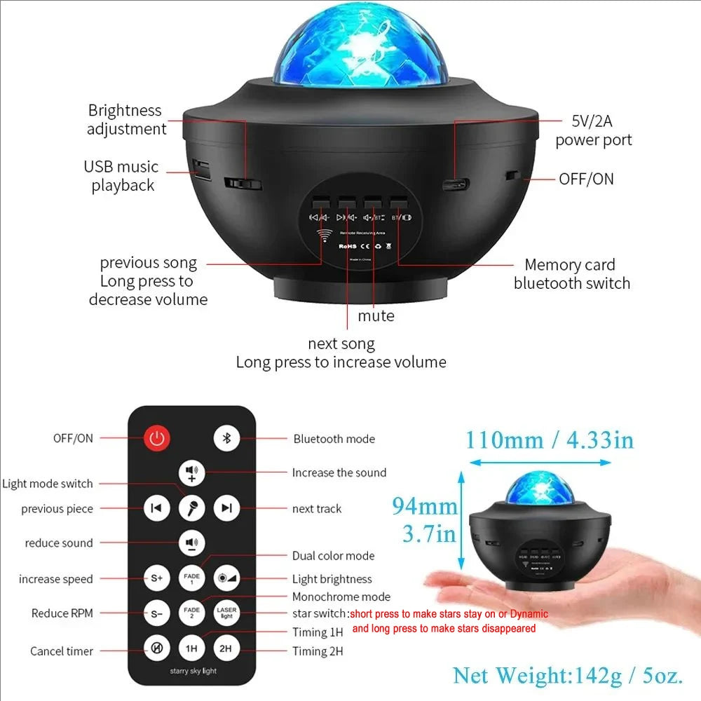 Starry Projector Galaxy Night Light with Ocean Wave Music Speaker Sky Light Projector for Bedroom Decor Kids Birthday Gift Party