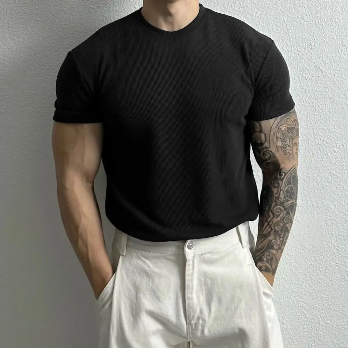 Summer Men Short Sleeve Slim Fitness T-Shirts Streetwear Fashion Solid Versatile Casual Sports Training Sweat Black Knitted Tops