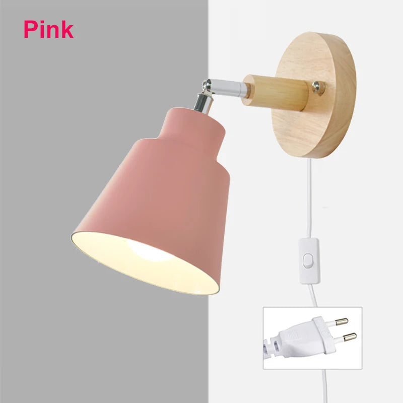 Nordic Wall Light Indoor DIY E27 Wooden 6 Colors EU/UL Plug 350° Wall Lamps for Living Room Bedroom Aisle Sconce Fixtures