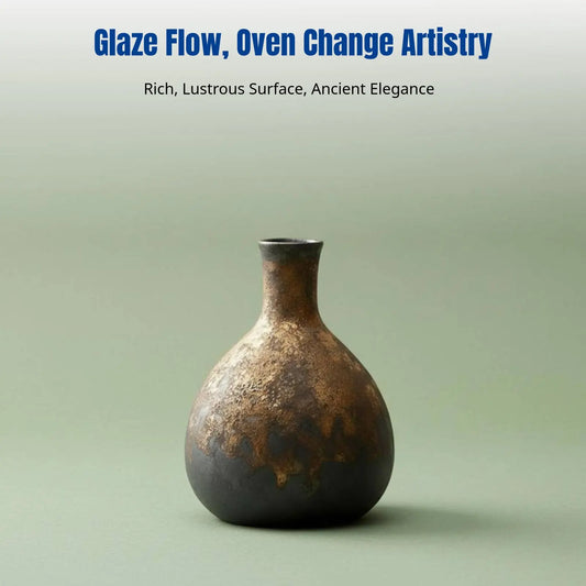 Ceramic Vase, Modern Creative Mini Flower Vessel, Desktop Home Decor, Rustic Pottery Glaze Finish, Oriental design
