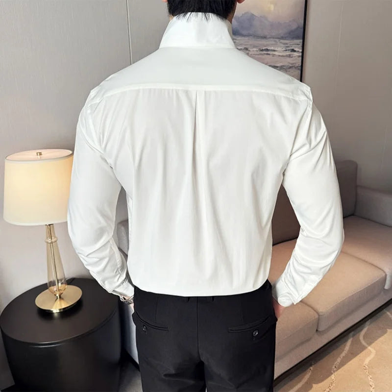 Mens Slim Fit Stand Shirt Fashion High collar Shirts Men Spring Autumn Solid Color Long Sleeve Korean Style Smart Casual Shirts