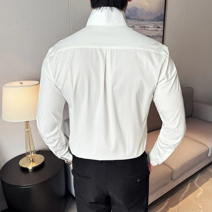 Mens Slim Fit Stand Shirt Fashion High collar Shirts Men Spring Autumn Solid Color Long Sleeve Korean Style Smart Casual Shirts