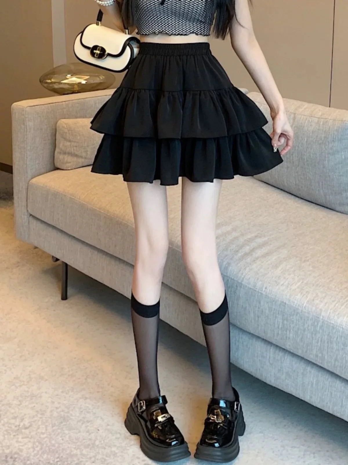 Summer Kawaii Mini A-line Skirt Adorable Flirty High Waist Ruffle Patchwork Lolita Ball Gown Y2K Korean Sweet Women's Clothing