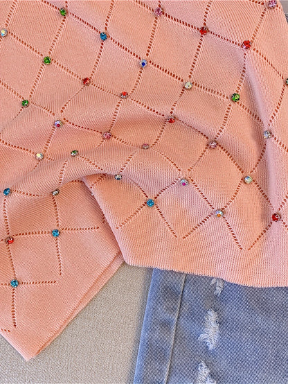 Colorful Rhinestone Knitted Tank Top Casual Crew Neck Sleeveless Tank Top For Summer  Women's Clothing Crop Top Camis