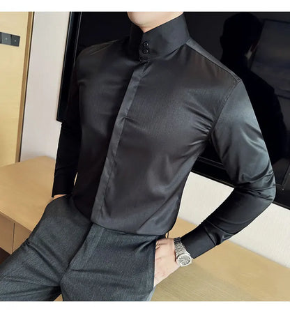Mens Slim Fit Stand Shirt Fashion High collar Shirts Men Spring Autumn Solid Color Long Sleeve Korean Style Smart Casual Shirts