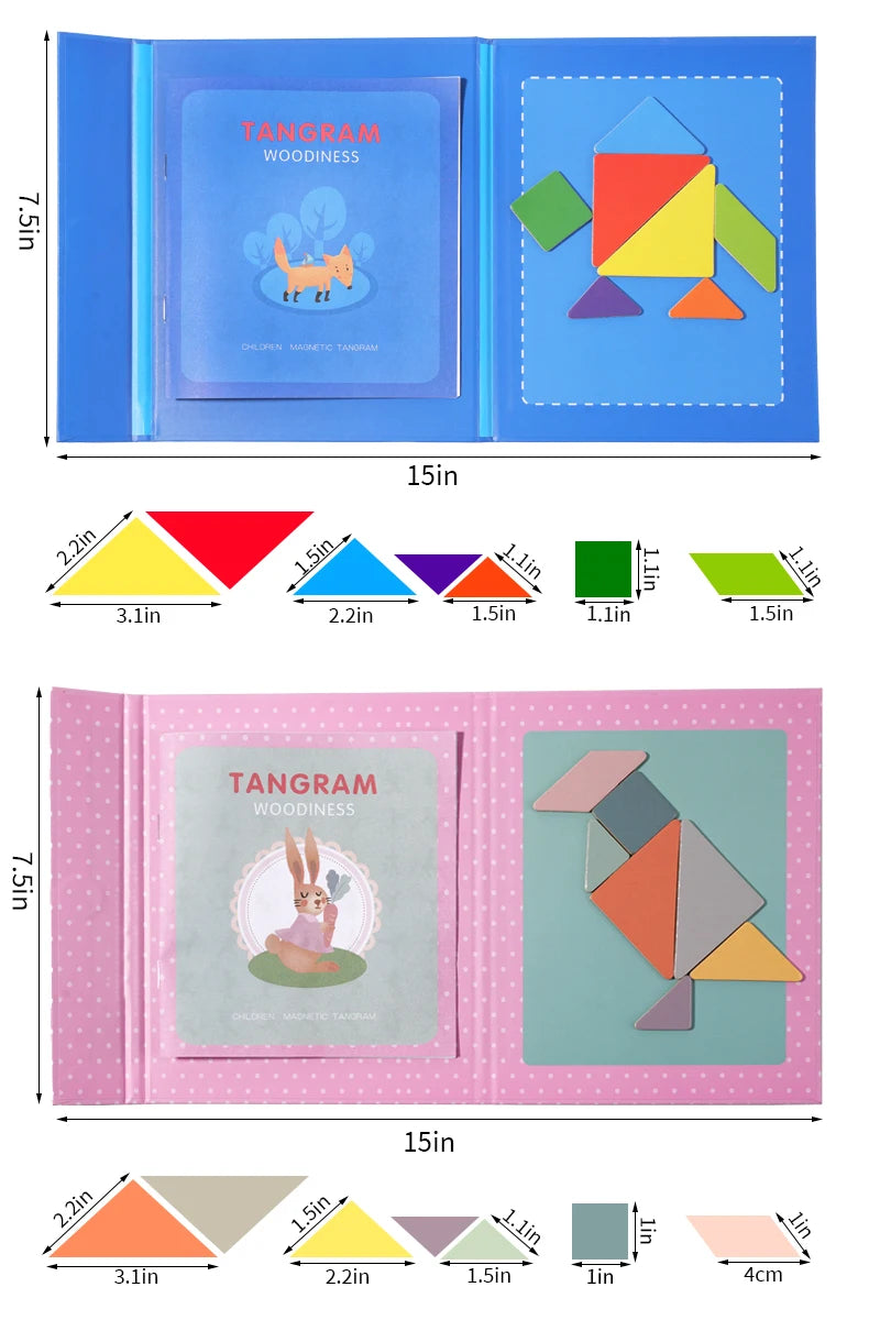 Magnetic Wooden Tangram Block Puzzle Game for Kids - Montessori Educational Intelligence Jigsaw Children's Gift