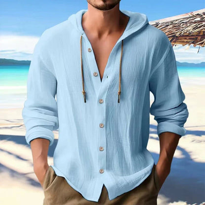 Men's Linen Shirt Solid Streetwear Long Sleeve Hoodie Cardigan Clothing For Men Button Tops Casual Loose Men Hooded Shirt