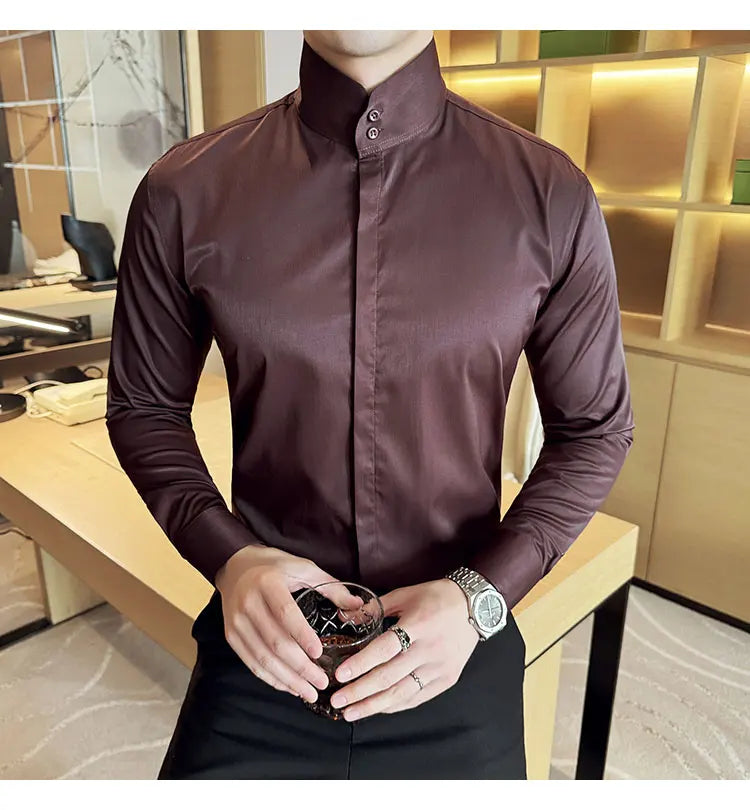 Mens Slim Fit Stand Shirt Fashion High collar Shirts Men Spring Autumn Solid Color Long Sleeve Korean Style Smart Casual Shirts