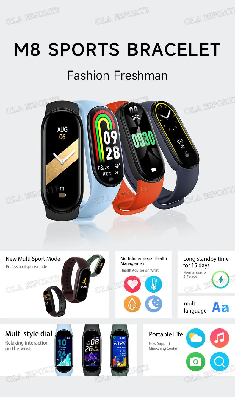 Sports Smart Watch Music Control Fitness Calorie Track Bracelet Phone Information Remind Steps Bluetooth Smart Watches M8 Band