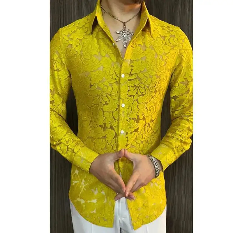 Men's Slim Fit Shirt Spring Semi Transparent Long Sleeved Shirt Men Nightclub Sexy Casual Social Party Tuxedo Stage Singer Shirt