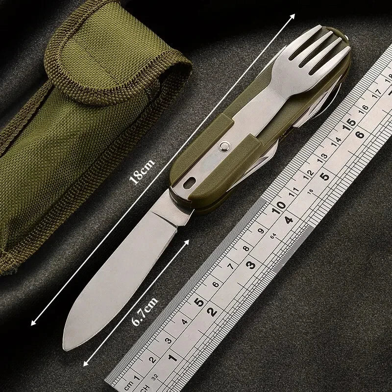 Stainless Steel 7 in 1 Camping Cutlery Set - Foldable Multifunctional Outdoor Tableware with Fork Spoon Knife for Picnic Hiking