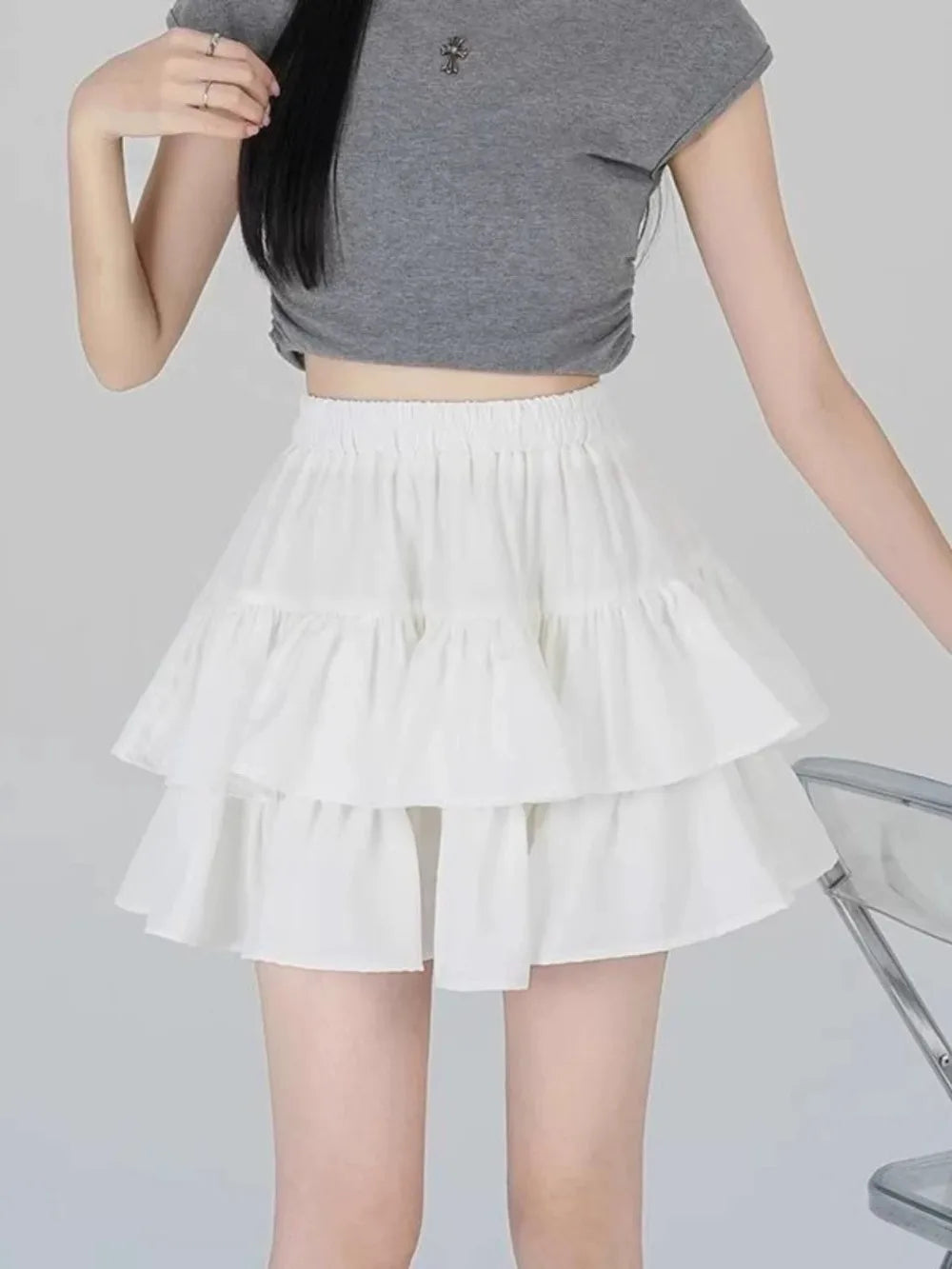 Summer Kawaii Mini A-line Skirt Adorable Flirty High Waist Ruffle Patchwork Lolita Ball Gown Y2K Korean Sweet Women's Clothing