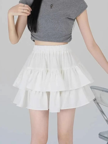 Summer Kawaii Mini A-line Skirt Adorable Flirty High Waist Ruffle Patchwork Lolita Ball Gown Y2K Korean Sweet Women's Clothing