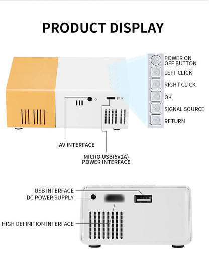 Portable mini projector, supports wired screen mirroring, support full HD 1080p, outdoor and indoor use, easily portable.