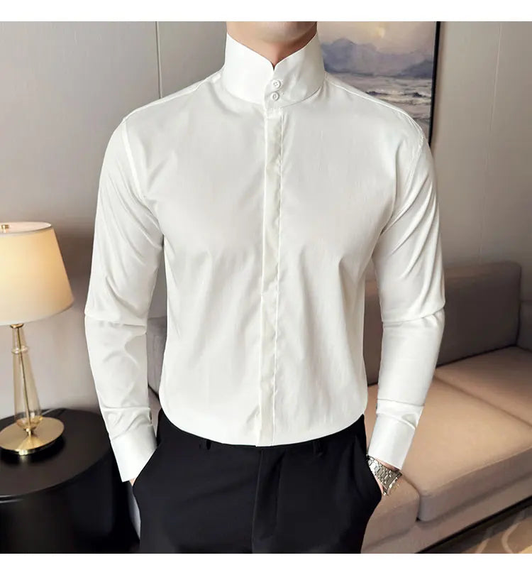 Mens Slim Fit Stand Shirt Fashion High collar Shirts Men Spring Autumn Solid Color Long Sleeve Korean Style Smart Casual Shirts