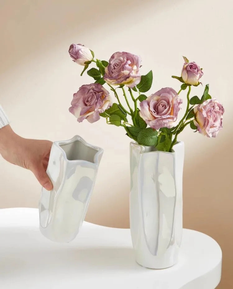 Ceramic Vase Luxury Electroplated Silver Flower Arrangement Irregular Porcelain Hydroponic Vase Ornament Interior Art Decoration