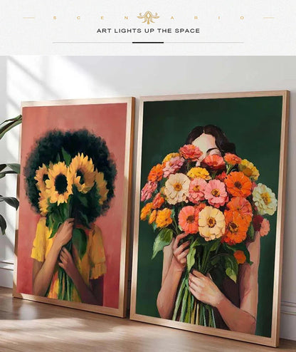 Canvas Wall Art Woman with Flower Portrait Painting Print for Bedroom Nordic Girl Home Decor Abstract Minimalism Poster
