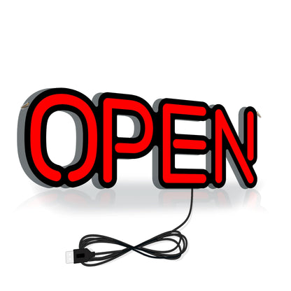 LED neon lights, store business signs, blue flashing lights, OPEN signs for shops and bars