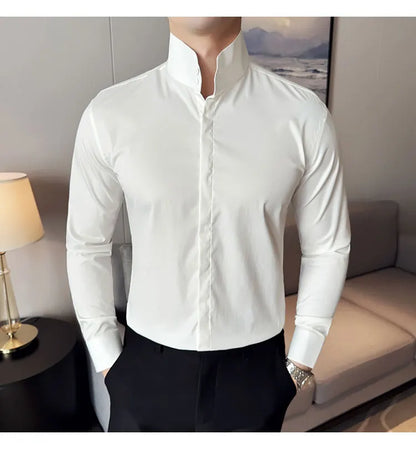 Mens Slim Fit Stand Shirt Fashion High collar Shirts Men Spring Autumn Solid Color Long Sleeve Korean Style Smart Casual Shirts