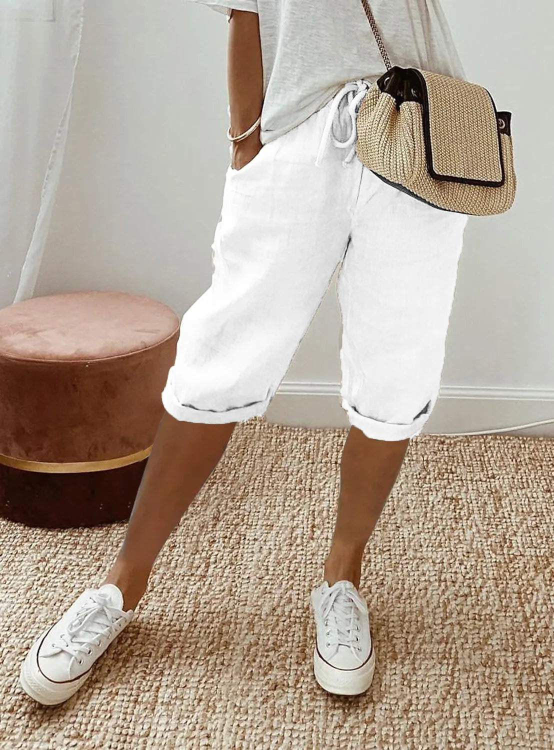 Shorts Women summer cotton linen elastic waist pocket elastic casual pants five quarter women's clothing YRW911