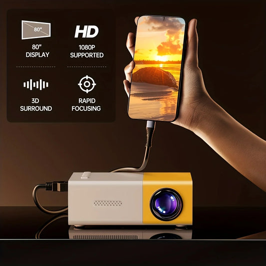 Portable mini projector, supports wired screen mirroring, support full HD 1080p, outdoor and indoor use, easily portable.