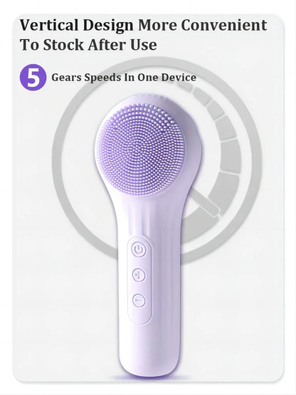 Silicone Face Scrubber Electric Facial Cleansing Brush with Heating Vibration Waterproof Face Wash Brush with 5 Speed Adjustable