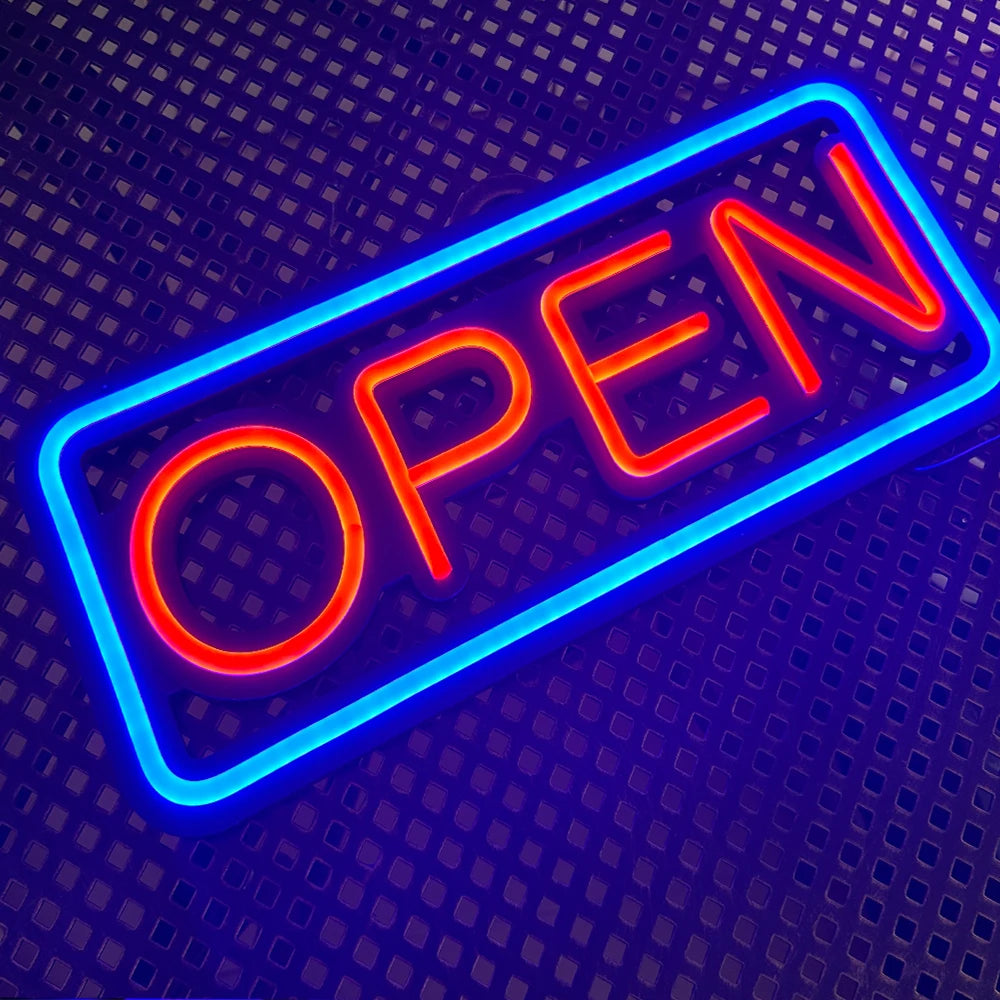 LED neon lights, store business signs, blue flashing lights, OPEN signs for shops and bars
