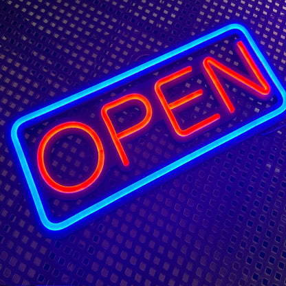 LED neon lights, store business signs, blue flashing lights, OPEN signs for shops and bars