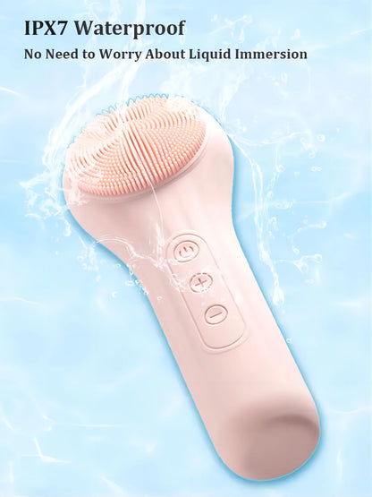 Silicone Face Scrubber Electric Facial Cleansing Brush with Heating Vibration Waterproof Face Wash Brush with 5 Speed Adjustable