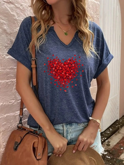 1PC Milk Silk European Style Women's Red Love Print V-neck T-shirt Blouse Short Sleeve