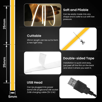 DC 5V USB COB Strip 3MM 5MM 8MM White/Pink/Red/White/Yellow/Yellow/Ice Blue/Green Flexible Ribbon Rope Home Decor TV Backlight