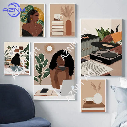 Wall Art Canvas Painting Fashion Black Girl African Woman Reading Posters Coffee Prints Home Wall Picture Living Room Decorat