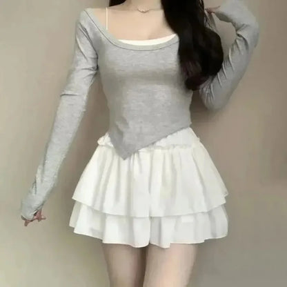 Summer Kawaii Mini A-line Skirt Adorable Flirty High Waist Ruffle Patchwork Lolita Ball Gown Y2K Korean Sweet Women's Clothing