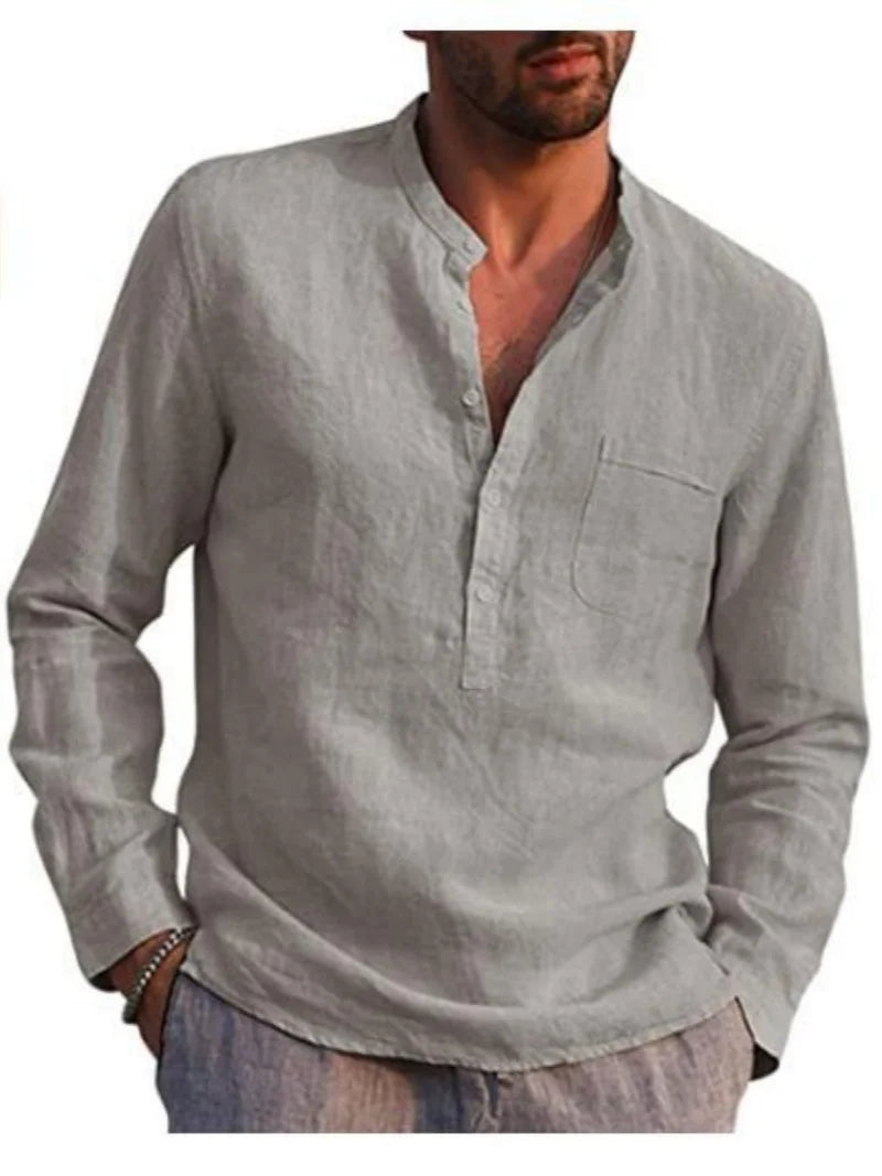 Men's Linen Long Sleeve Shirt - Stand Collar, Button-Front, Single Chest Pocket Casual Tops for Spring Summer
